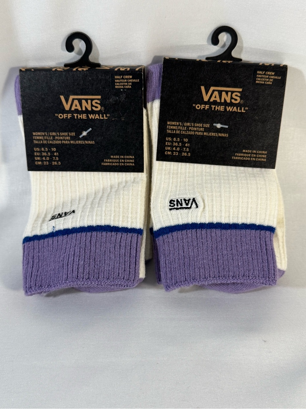 Vans White and Lavender Half Crew Socks with Blue Stripe